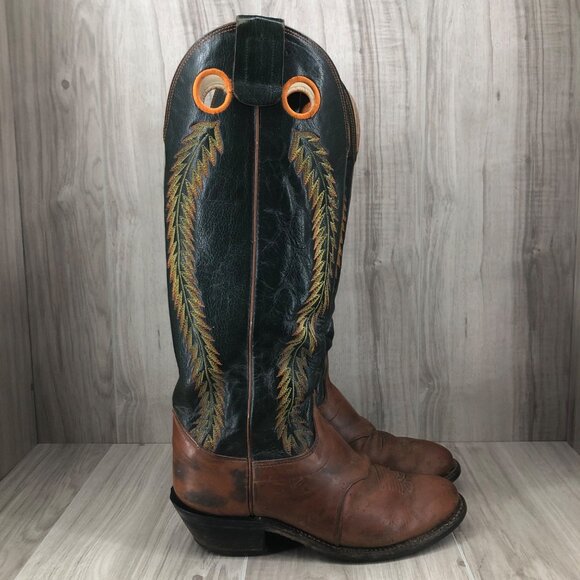 Olathe Cowboy Boots Mens 8D Buckaroo Tall Green Brown Leather Pull On Western - Picture 1 of 12